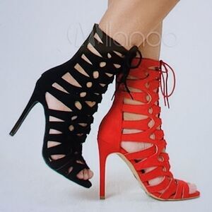 MISS L SQUAD FAUX SUEDE PEEP TOE CAGED CUT OUT LACE UP STILETTOS HEEL SANDAL